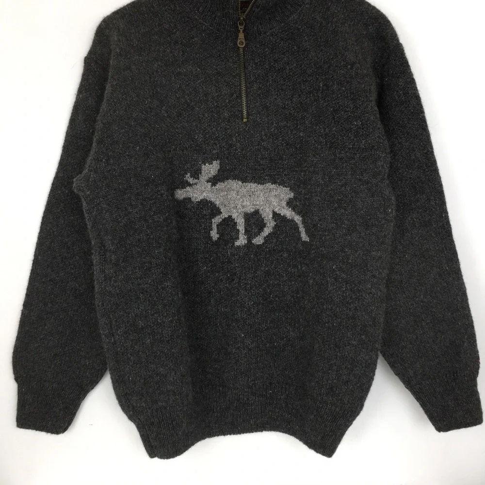 Norwool of Norway Wool Quarter Zip Sweater Gray Moose Print Mens Size Small
